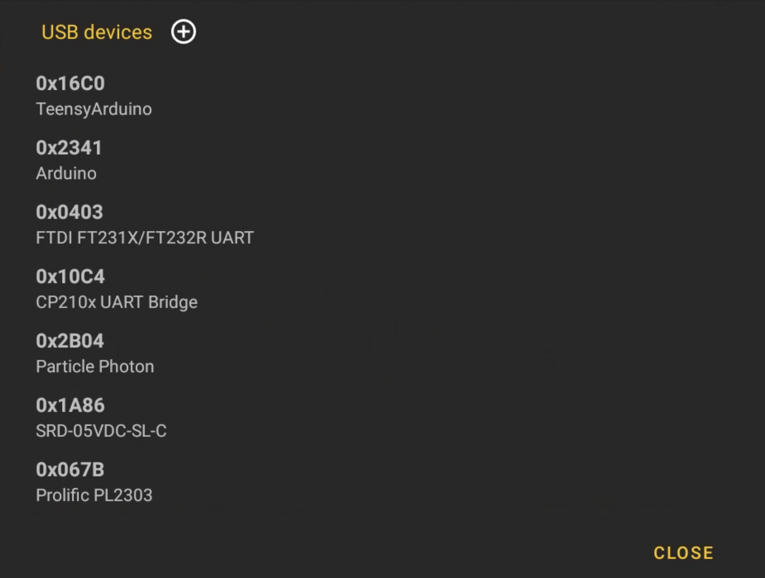 Finestra di dialogo — dispositivi USB supportati