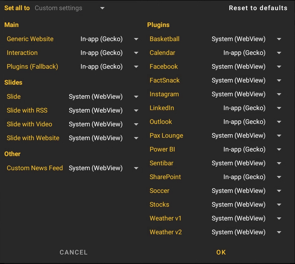 Finestra di dialogo — configurazione motore per tipo di contenuto