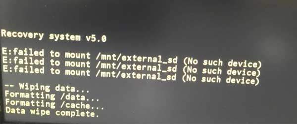 Data wipe complete — ripristino di fabbrica riuscito