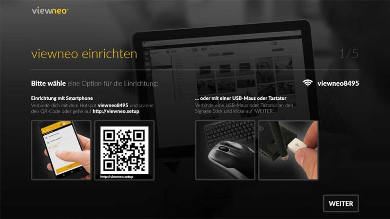 viewneo Bildschirm mit Anweisungen